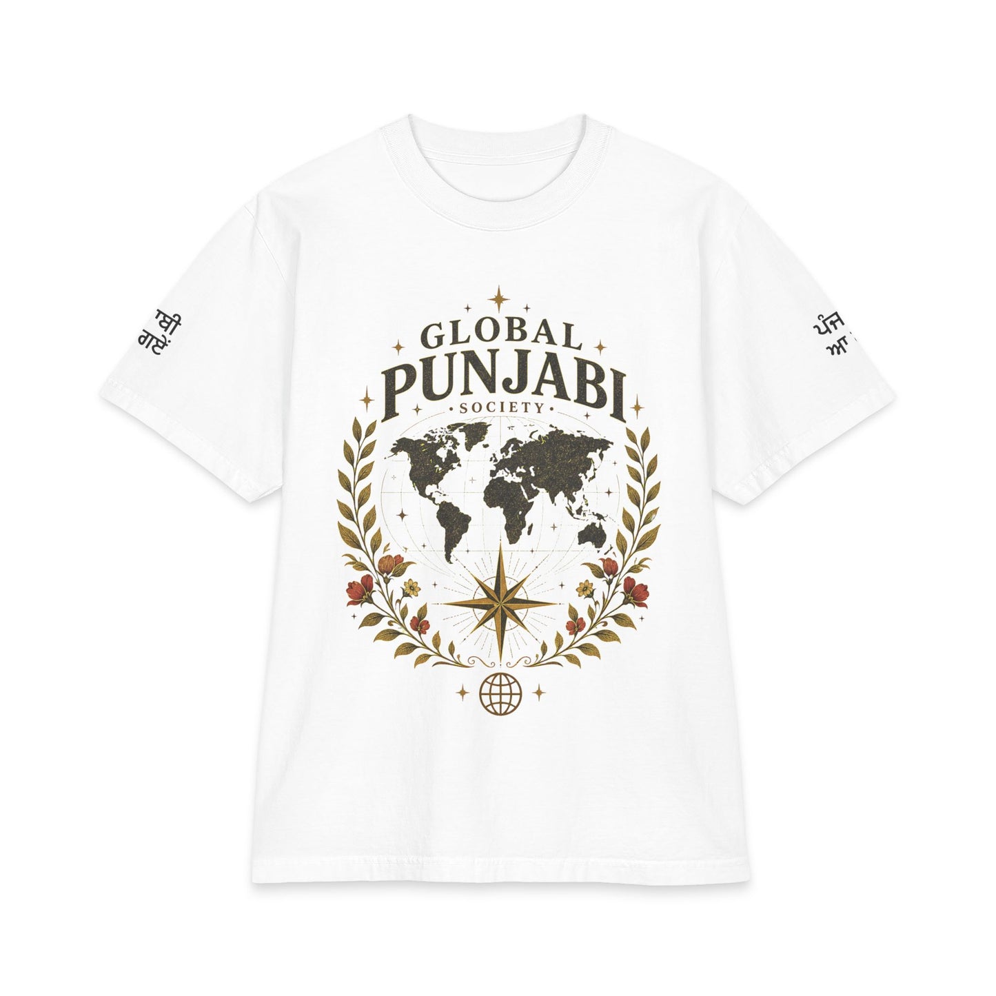 Global Punjabi Society T‑Shirt — World Map Crest Tee Punjabi Aa Gaaye Sleeve